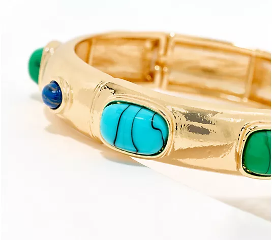 Susan Graver Goldtone Classic Tailored Turq/Green Stretch Bracelet