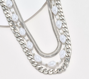 Susan Graver Silver Tone Three Row Chain and Simulated Pearl Necklace