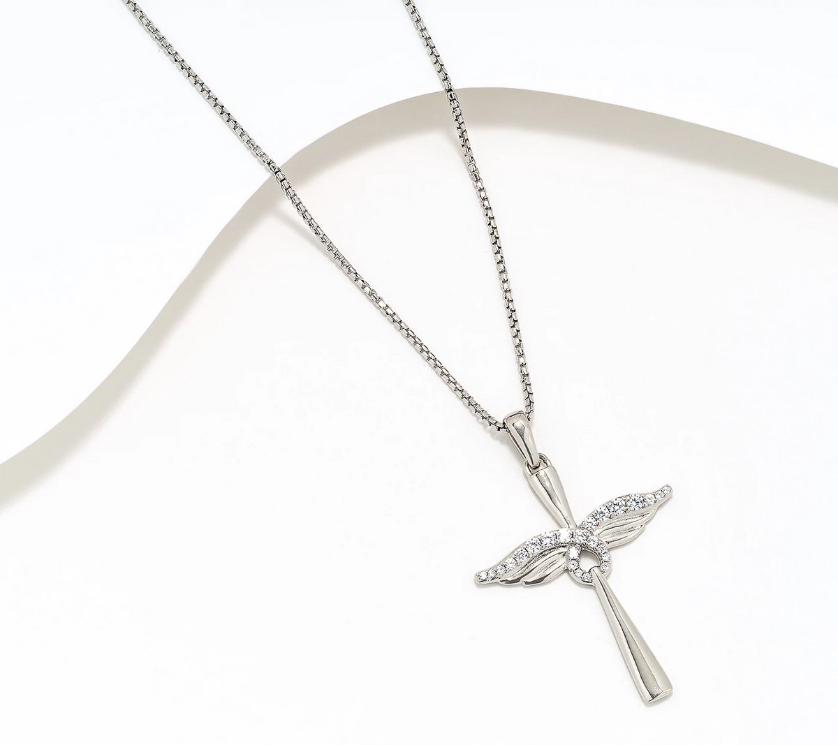 David Markstein Bronze Silver Tone White Topaz Angel Wing 18" Cross Necklace