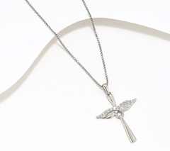 David Markstein Bronze Silver Tone White Topaz Angel Wing 18" Cross Necklace