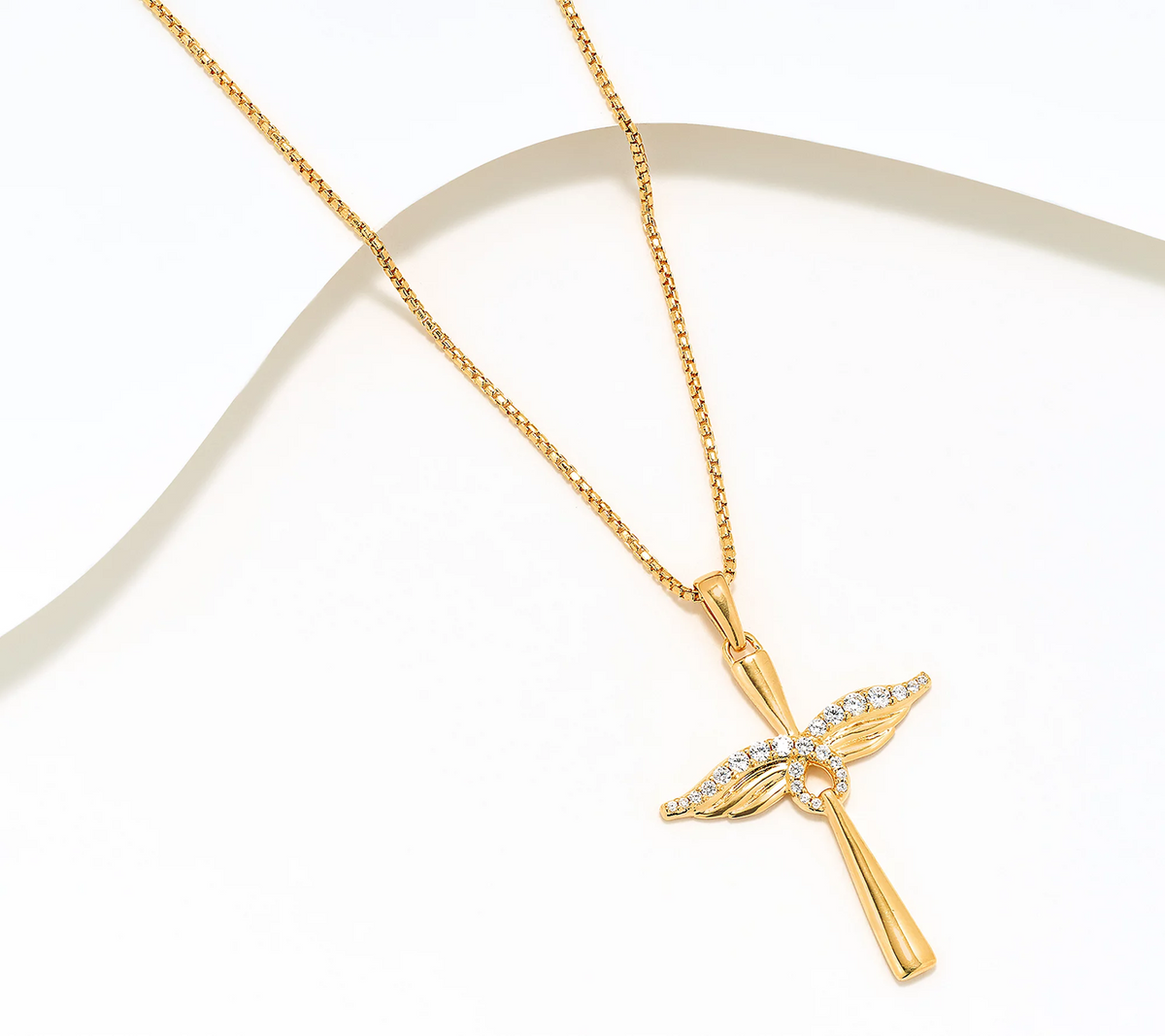 David Markstein Bronze Gold Tone White Topaz Angel Wing 18" Cross Necklace