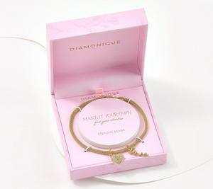 Diamonique 14K Gold Plated SS Love/Heart Charm Bracelet with Gift Box Large