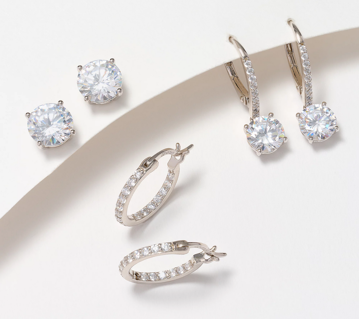 Diamonique Rhodium-Plated SS Set of 3 Studs, Hoops,Leverback Earrings