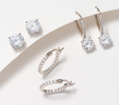 Diamonique Rhodium-Plated SS Set of 3 Studs, Hoops,Leverback Earrings