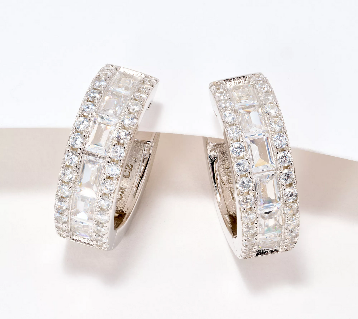 Diamonique Rhodium-Plated Sterling Silver Baguette Hoops