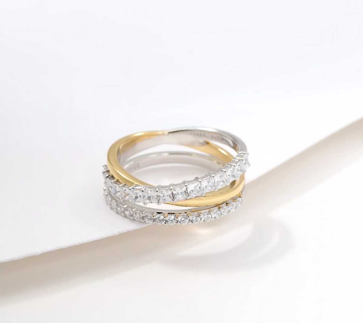 Diamonique Sterling Silver Two-Tone Crossover Ring, Size 6