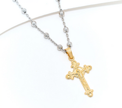 David Markstein Sterling Silver Two Tone Cross Pendant w/ Beaded Station Chain