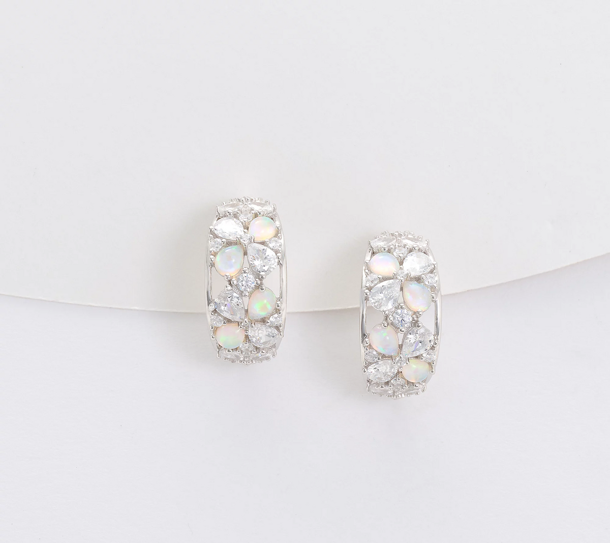 Diamonique Sterling Silver Huggie Hoop Earrings with Simulated Opal