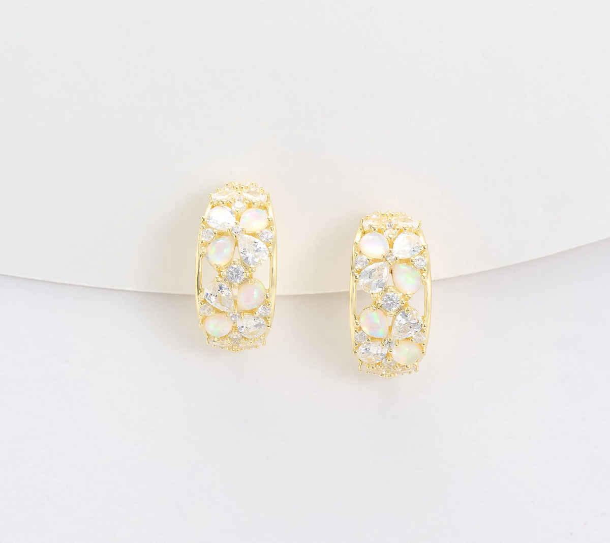 Diamonique Gold Clad Sterling Huggie Hoop Earrings with Simulated Opal