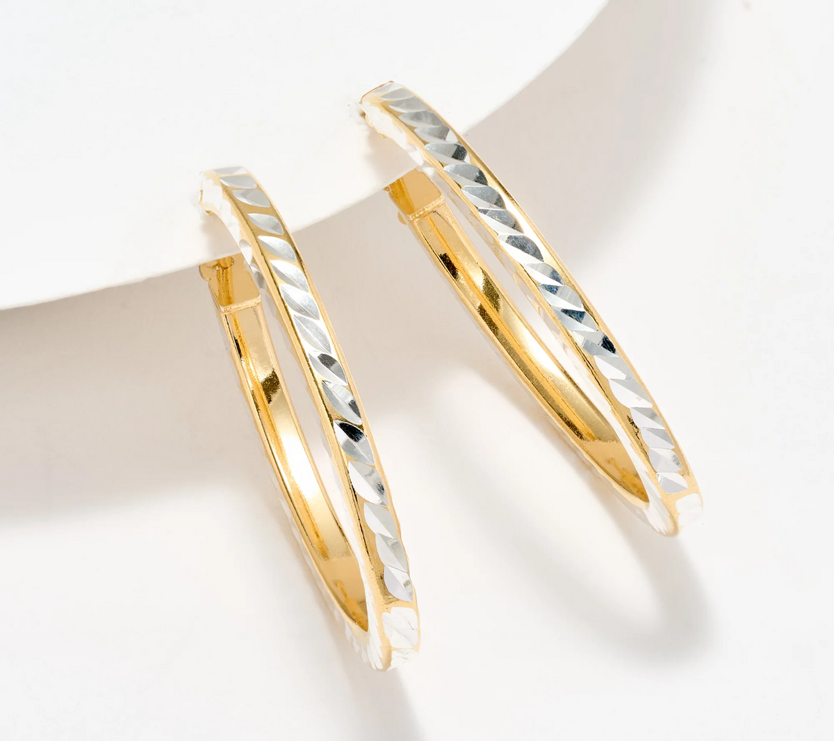 UltraFine 950 Silver Tow Tone Diamond Cut 1-1/4" Hoop Earrings