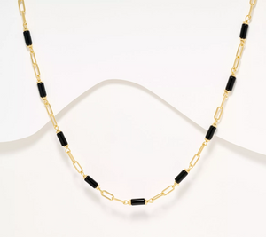 David Markstein Yellow Bronze Black Onyx Station Paperclip 18"+2" Necklace