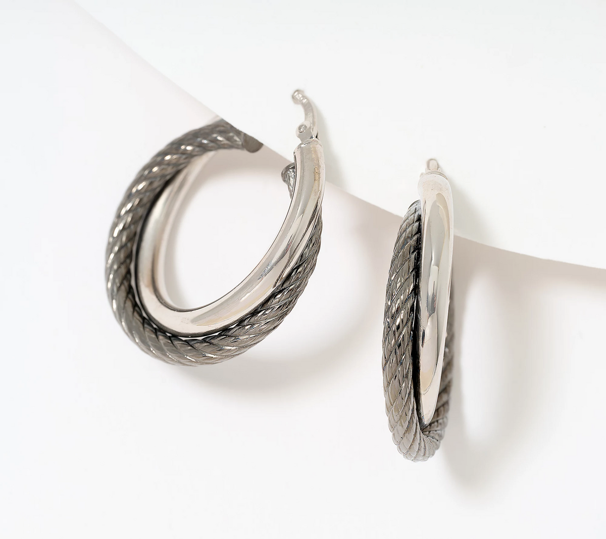 David Markstein Two Tone Black/Silver Bronze Double Twist Ribbed & Polished 1" Hoops