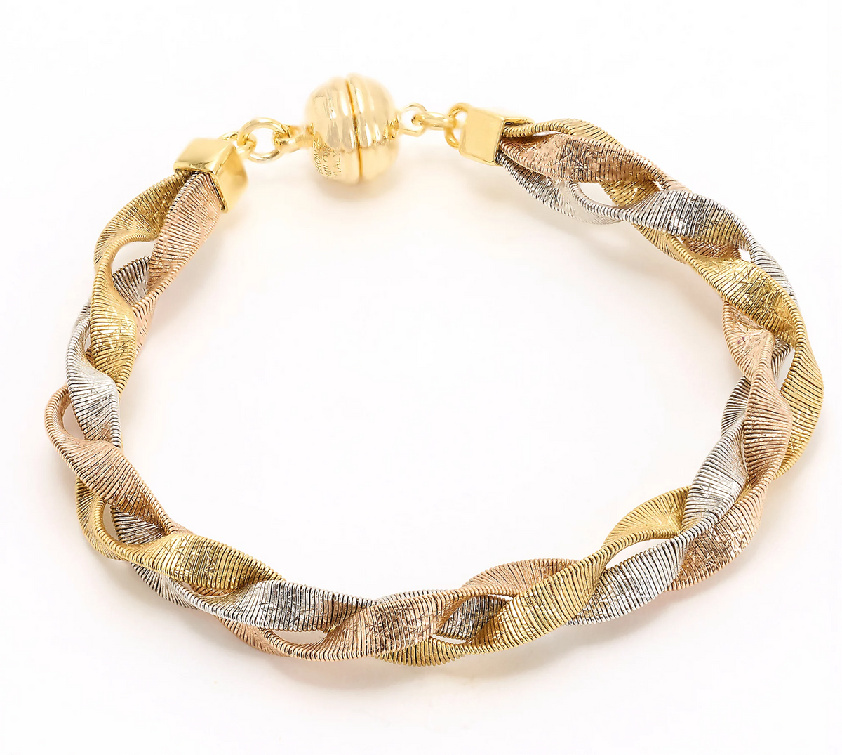 David Markstein Tri Tone R/W/Y Bronze Diamond Cut Braided Omega Bracelet w/ Magnet Clasp Small