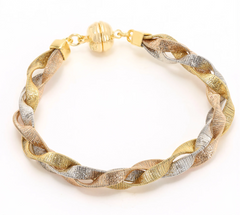 David Markstein Tri Tone R/W/Y Bronze Diamond Cut Braided Omega Bracelet w/ Magnet Clasp Small