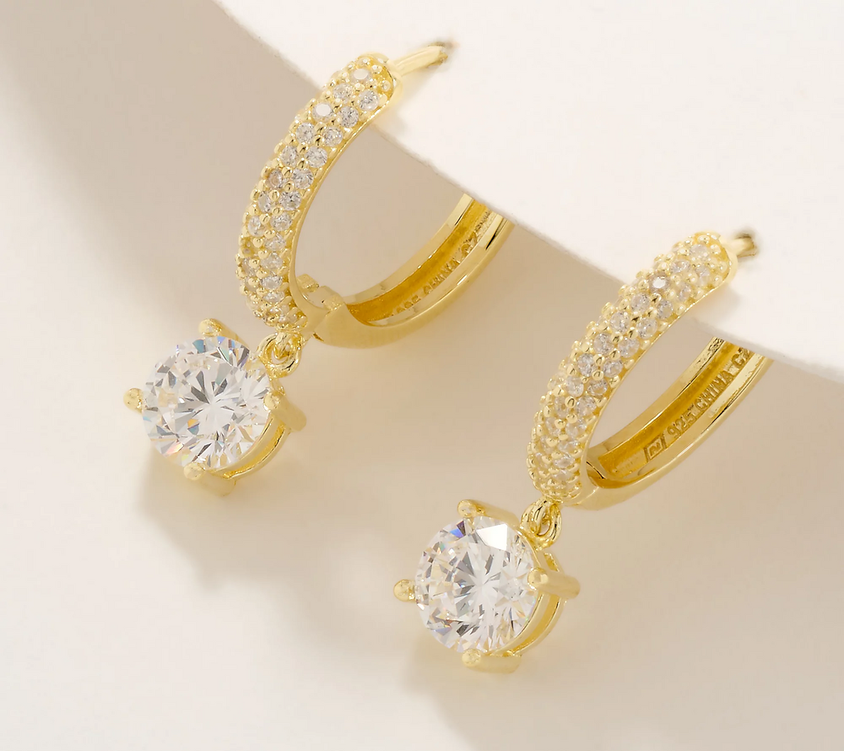 Diamonique Classics Pave Hoop with Dangle Stone Gold Clad SS Earrings