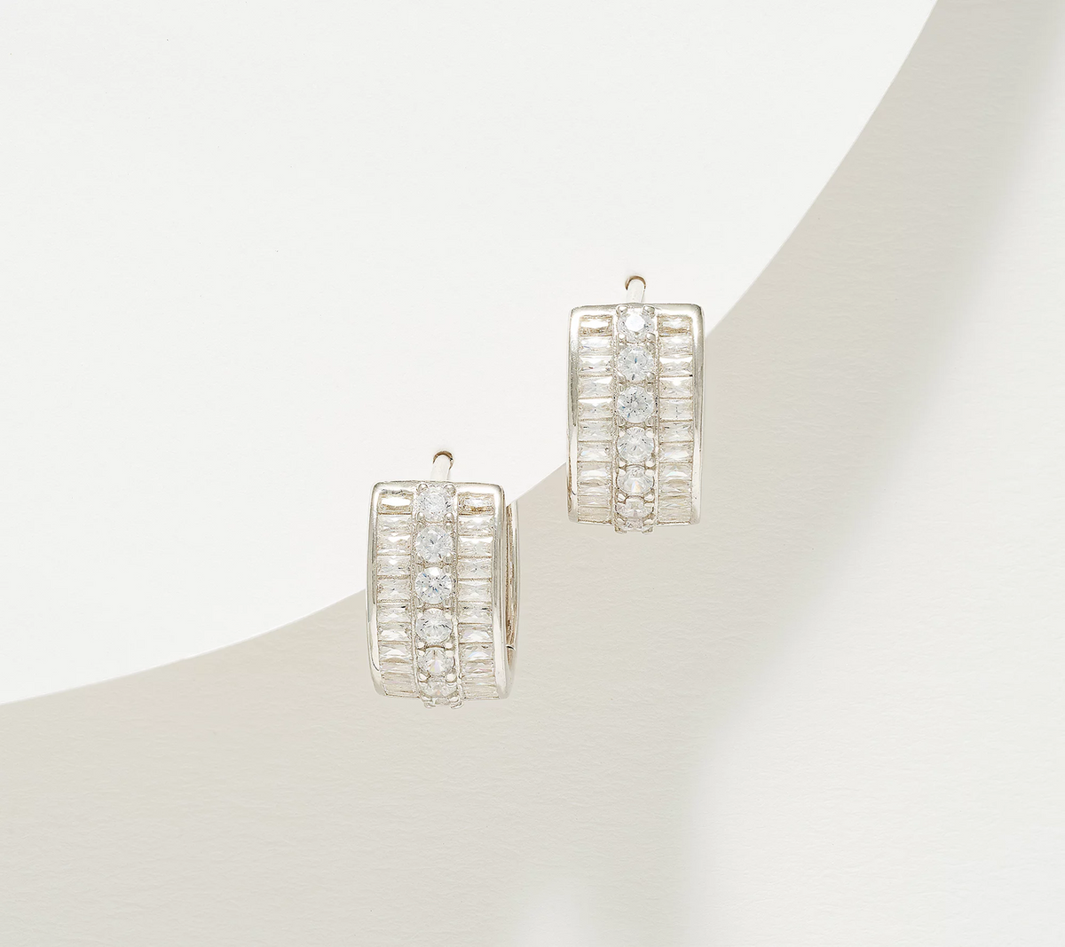Diamonique Classics Sterling Silver Baguette & Round Huggie Hoops