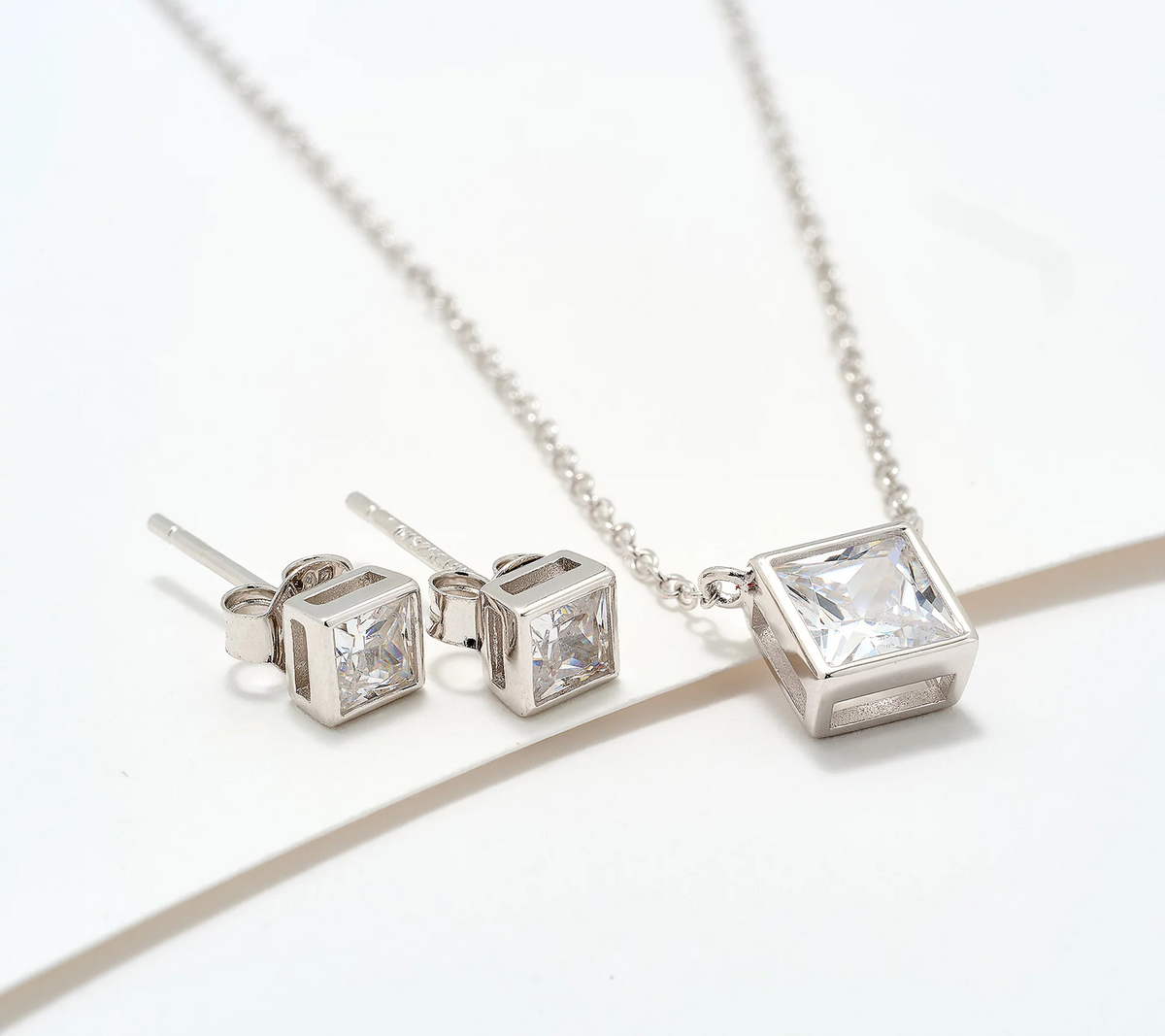 Diamonique Sterling Silver Princess Necklace & Stud Earrings Boxed Set