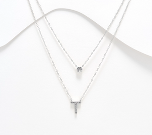 Diamonique Sterling Silver Two-Row Layered Initial "T" Necklace