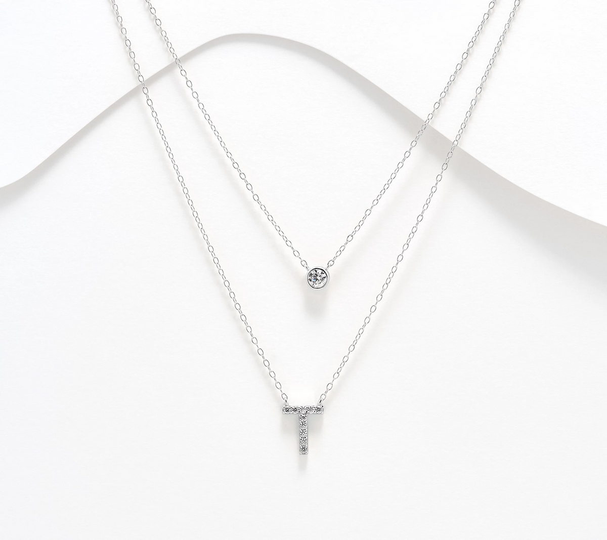 Diamonique Sterling Silver Two-Row Layered Initial "T" Necklace