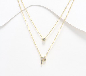Diamonique 14K Gold SS Plated Initial "P" Two-Row Layered  Necklace
