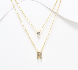 Diamonique 14K Gold SS Plated Initial "R" Two-Row Layered  Necklace