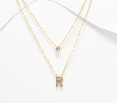 Diamonique 14K Gold SS Plated Initial "R" Two-Row Layered  Necklace