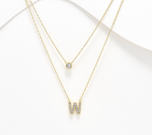 Diamonique 14K Gold SS Plated Initial "W" Two-Row Layered  Necklace
