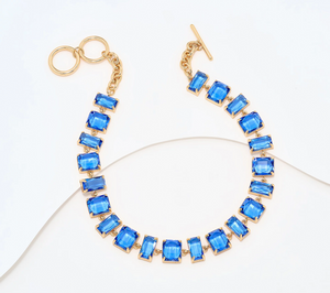 Susan Graver Blue Squares and Rectangles Faux Crystal Gold Tone Necklace