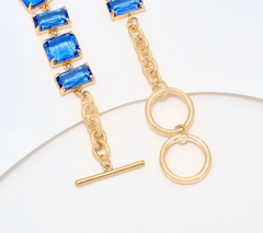 Susan Graver Blue Squares and Rectangles Faux Crystal Gold Tone Necklace