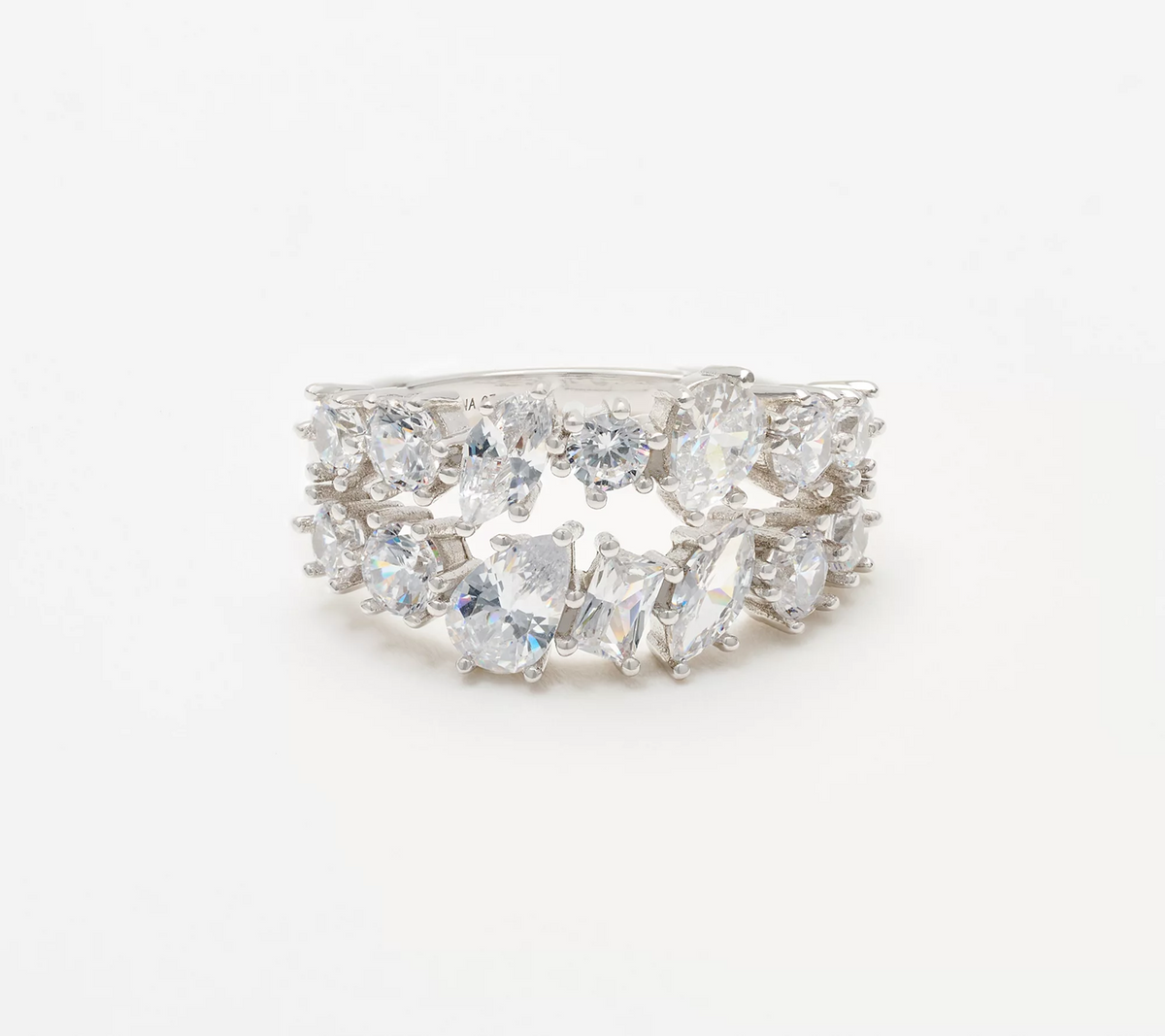 Diamonique Classics Sterling Silver Fancy Cut Double Row Band Ring Size 10