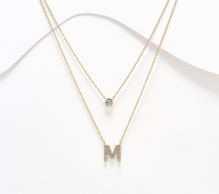Diamonique 14K Gold SS Plated Initial "M" Two-Row Layered  Necklace