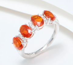 Affinity Gems 14K White Gold Oval Cut 4-Stone Fire Opal and Diamond Band Ring. Size 6