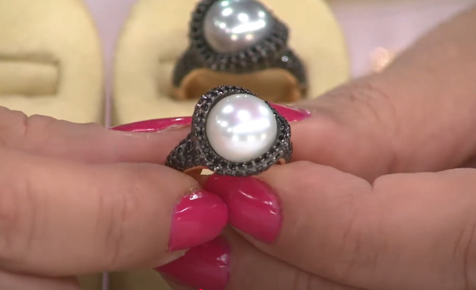 Honora Cultured White Pearl 11.5mm & 2.00cttw Black Spinel Ring, Sz 8