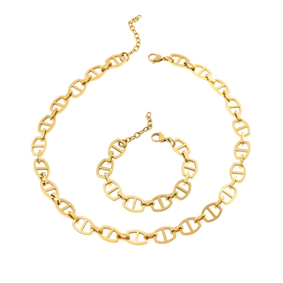 Stately Steel Mariner Chain Necklace & Bracelet Set, Goldtone