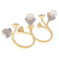 Rarities Pearl & White Zircon Gold-Plated Double Finger Ring, Sz 6