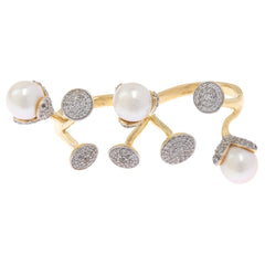Rarities Pearl & White Zircon Gold-Plated Double Finger Ring, Sz 6