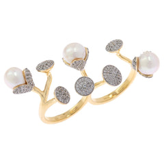 Rarities Pearl & White Zircon Gold-Plated Double Finger Ring, Sz 6