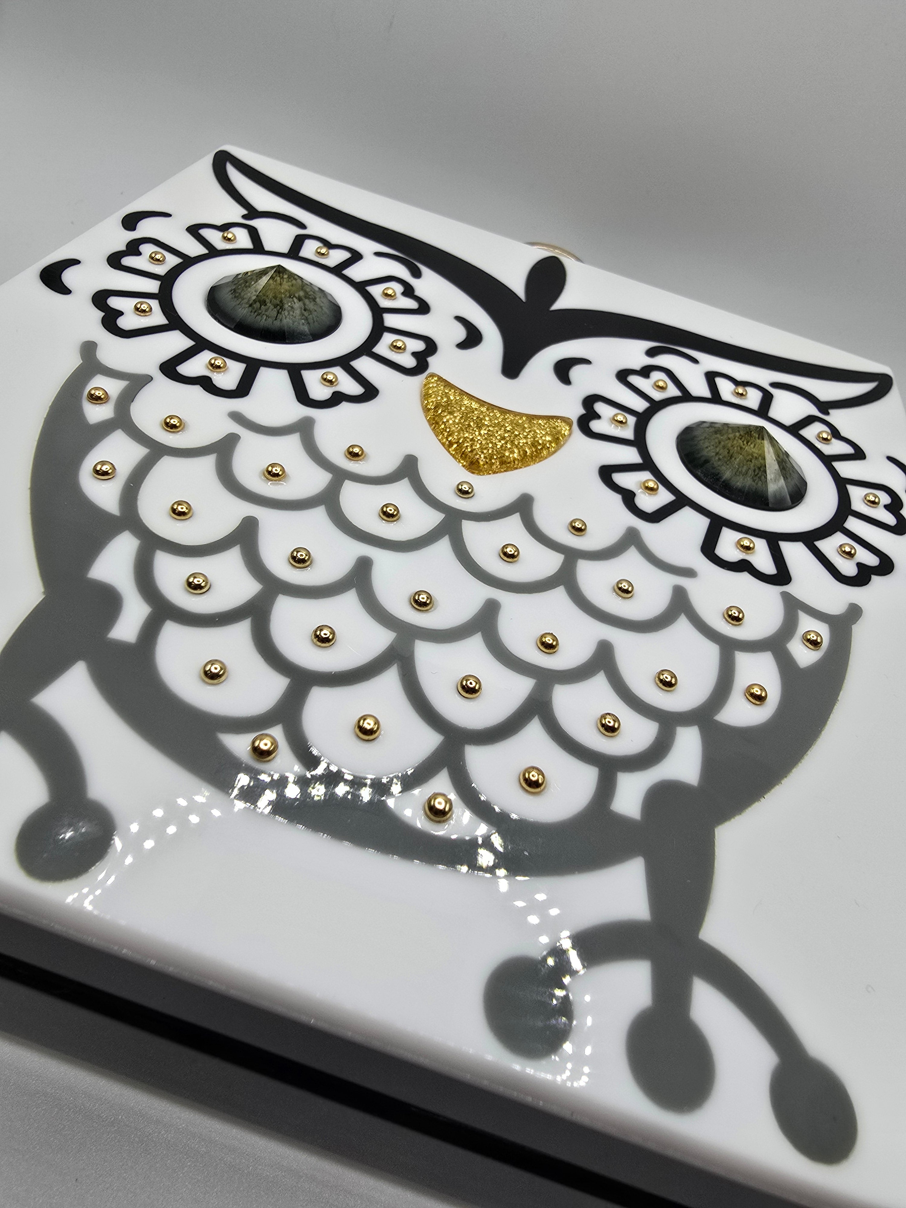 Rara Avis by Iris Apfel Bold White and Black Owl Clutch, Resin