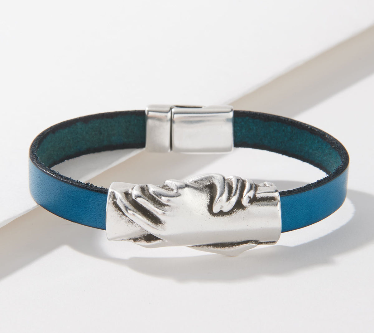 Hand & Hand Flat Leather Bracelet with Silver Plated Bead, Small