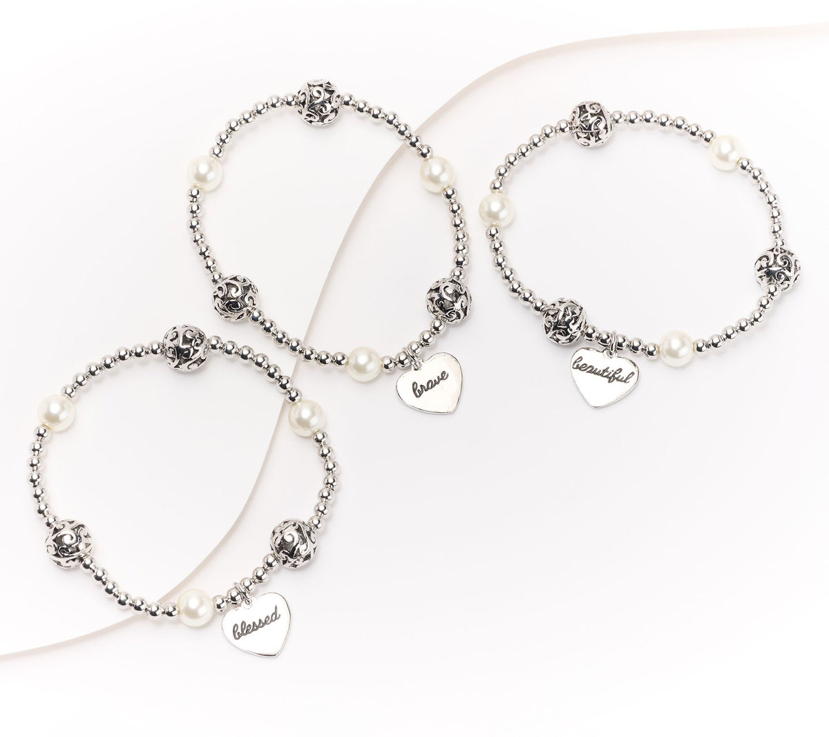 Faithful Heart 3-Piece Silvertone Bracelet Set "Beautiful, Blessed & Brave" 7-1/4"