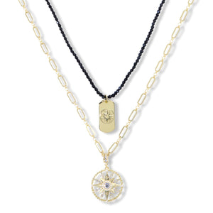 Heidi Daus Compass & Dog Tag 2-Piece Chain & Beaded Necklace Set – Black