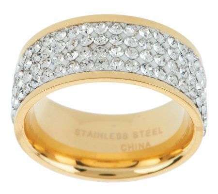 QVC Stainless Steel Silk Fit Yellow Gold Crystal Band Ring, Size 5