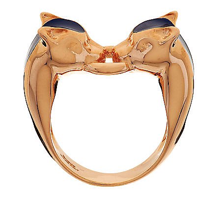 Bronze Panther Head Enamel Ring by Bronzo Italia, Size 5