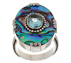 Artisan Crafted Sterling Silver Blue Topaz & Abalone Ring Size 7"