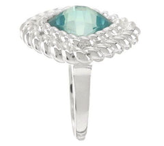 UltraFine Silver Faceted Cushion Cut Blue Topaz Rope Border Ring, Size 6