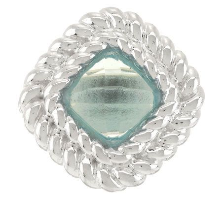 UltraFine Silver Faceted Cushion Cut Blue Topaz Rope Border Ring, Size 6