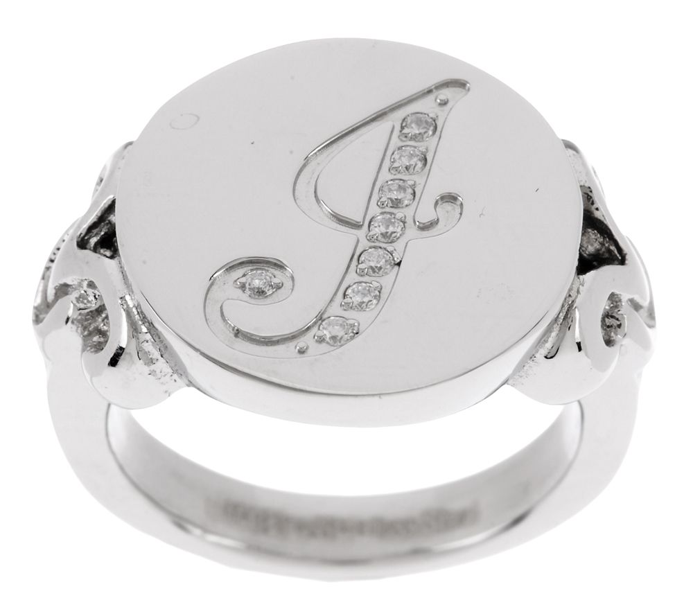 Stainless Steel Crystal " J " Initial Signet Ring – Size 5