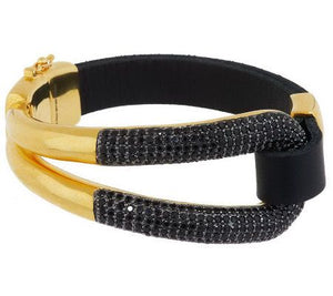 Bronzo Italia Yellow Bronze Bold Black Spinel & Leather Bracelet, 7-1/4"