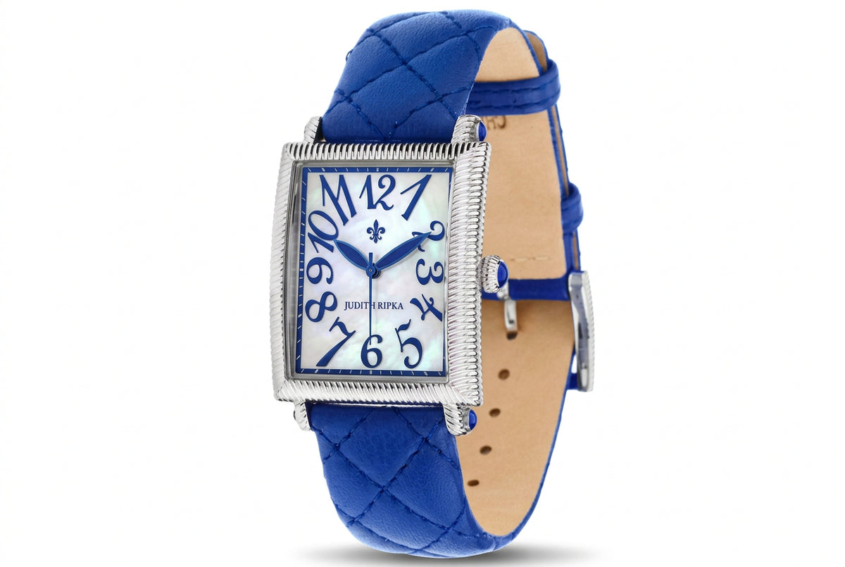 Judith Ripka Stainless Steel Quilted Blue Leather Tank Watch