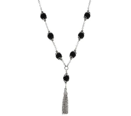 Suarti Artisan Crafted Sterling Silver Black Agate Station Tassle Necklace,  24"